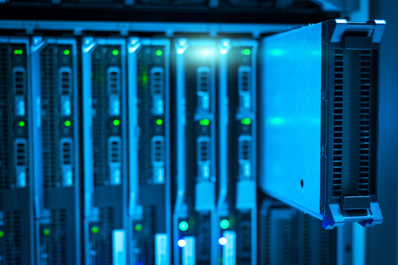 Home Detailed view of a server rack with a focus on technology and data storage.